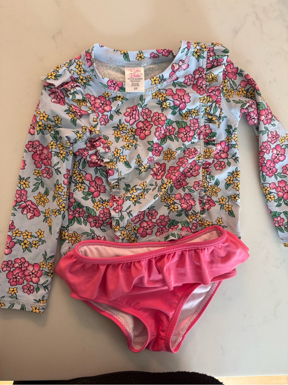 Ruffle Butts Floral Long-Sleeve Rashguard Set in Pink and Yellow